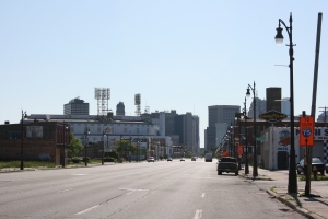 Michigan Avenue from near the station, looking east. The remains of Tiger Stadium are on the left.